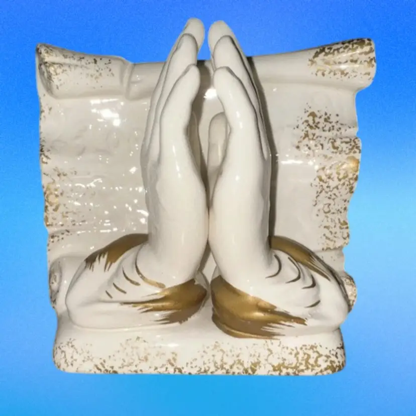 Vintage Lefton China Ceramic Praying Hands Planter “Lord’s Prayer” Gold Gilt