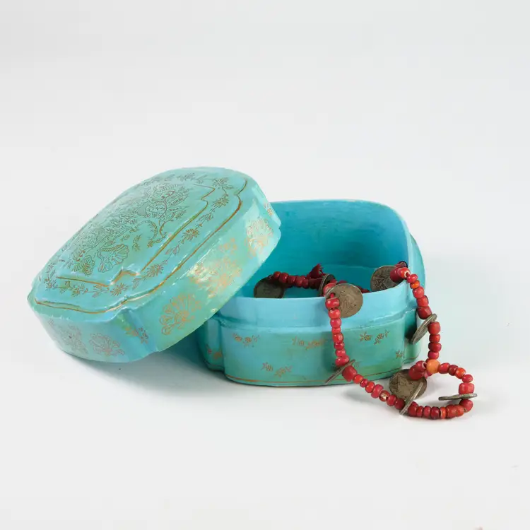 Hand Painted Turquoise Paper Maché Box - Vintage Kashmir 5" w