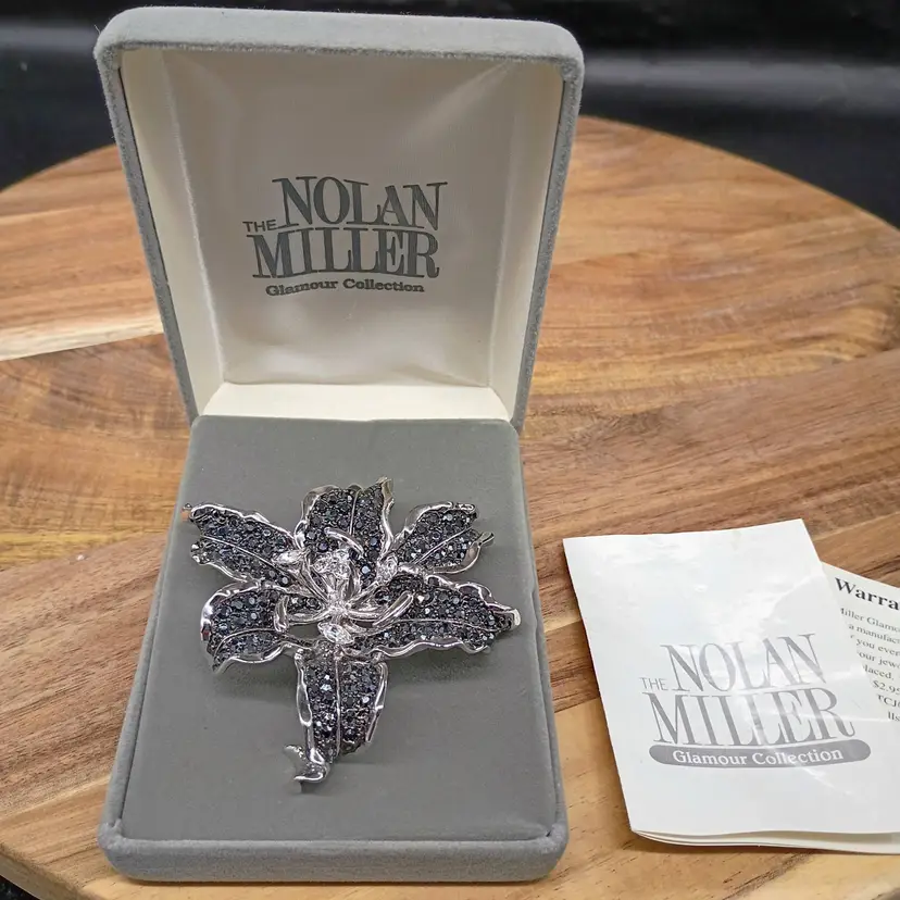 Nolan Miller Glamour Collection Midnight Lily Black Rhinestone Brooch 3”