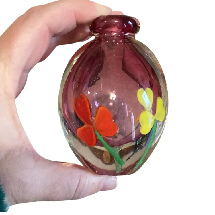 Thick Glass Vase/perfume? Pink With Florals 3.5” T X 2.5” W