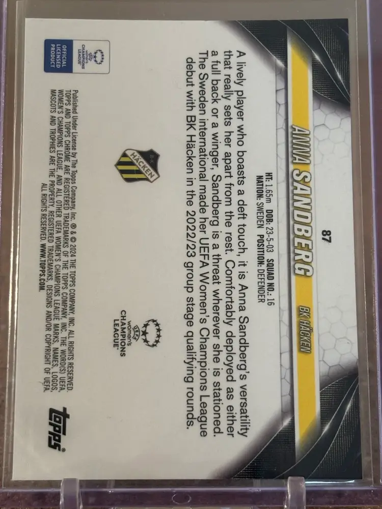 Anna Sandberg Topps Chrome Sapphire Orange Jersey # 16/25 RC Man U Hacken Sweden