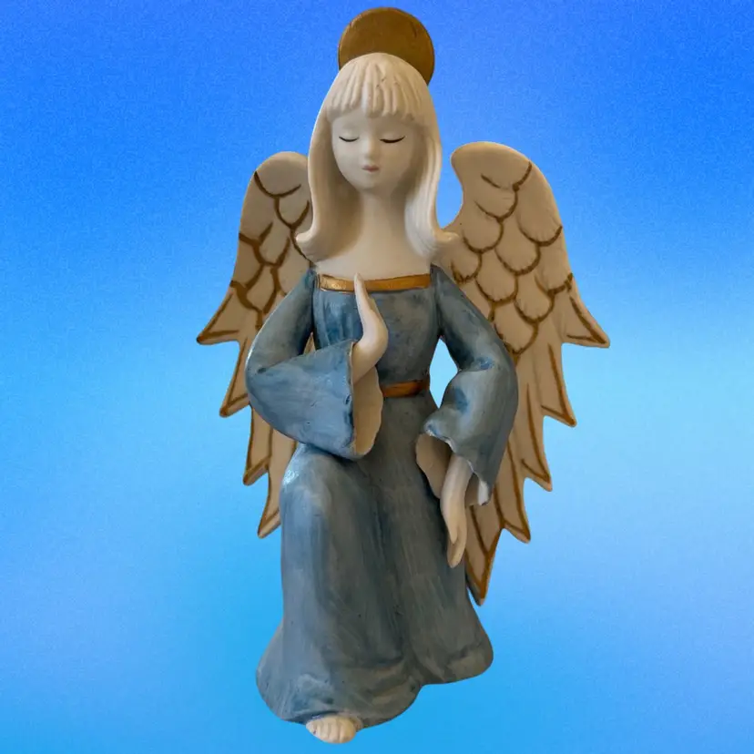 Vintage Schmid Bros Japan Porcelain Kneeling Angel Blue Gold 6.25 in Ex Condition
