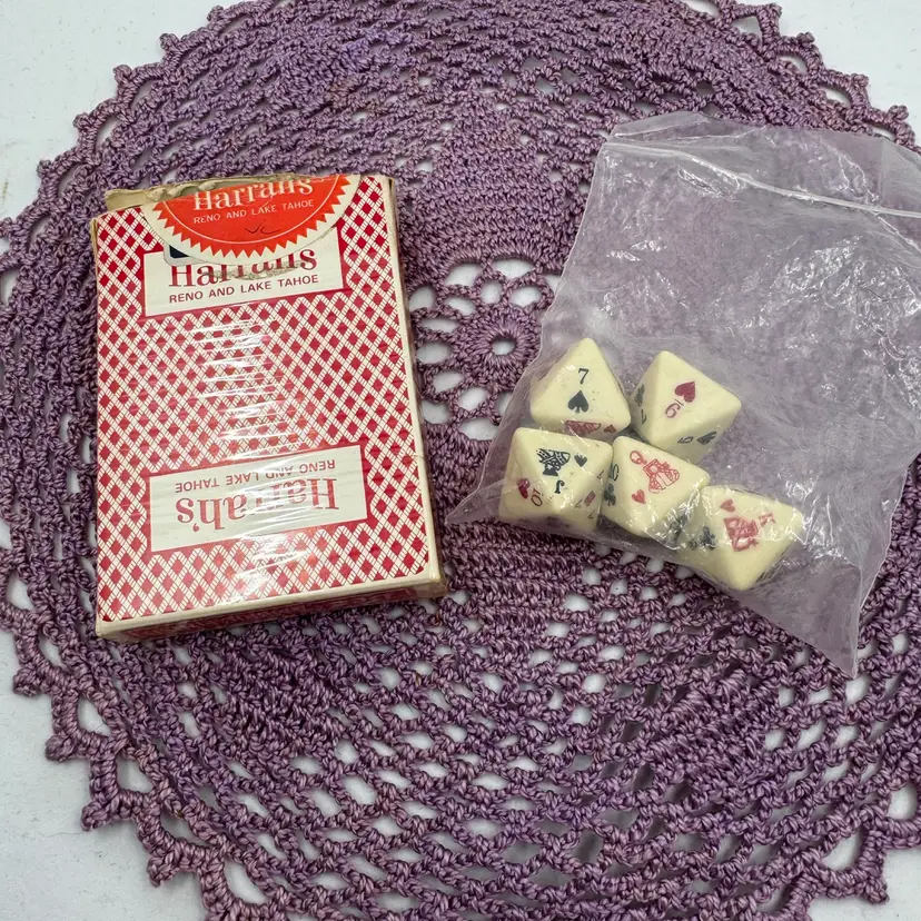 Vintage Harrahs Playing Cards- All Cards Present And Set Of 8 Sided Poker Motif Dice