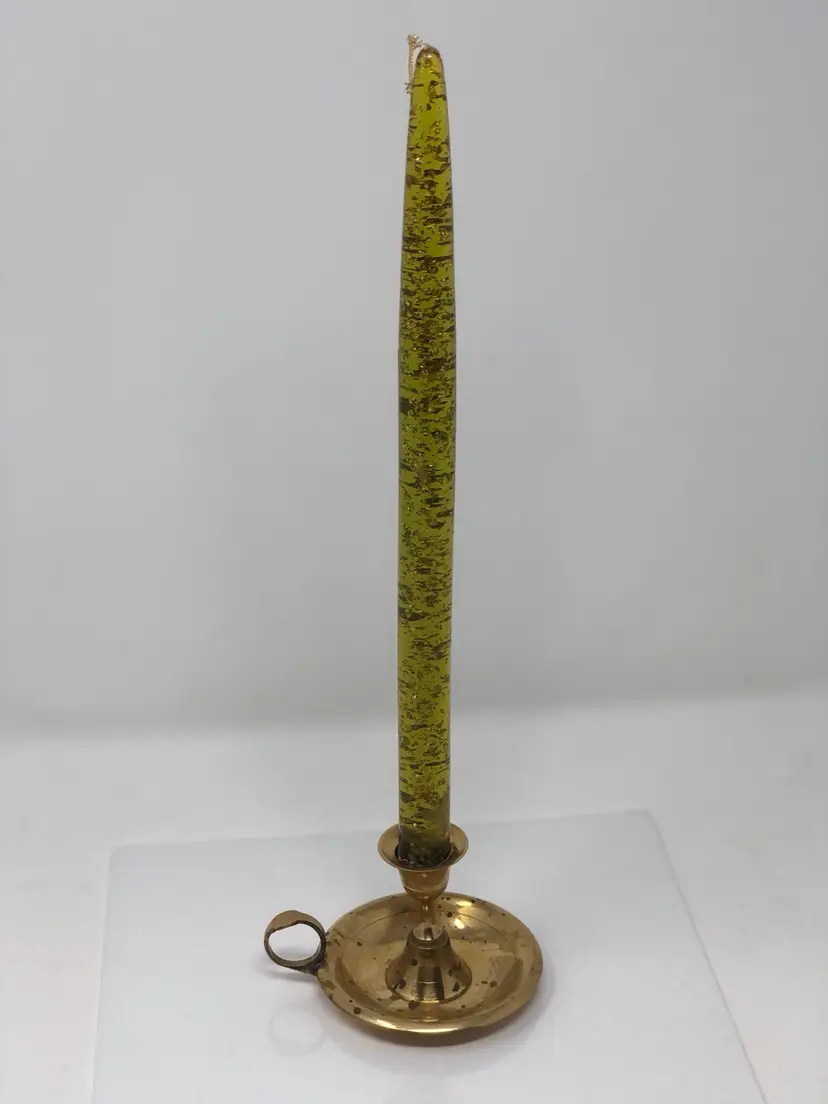 Green Lucite and Gold Flake Faux Candle in a Brass Holder