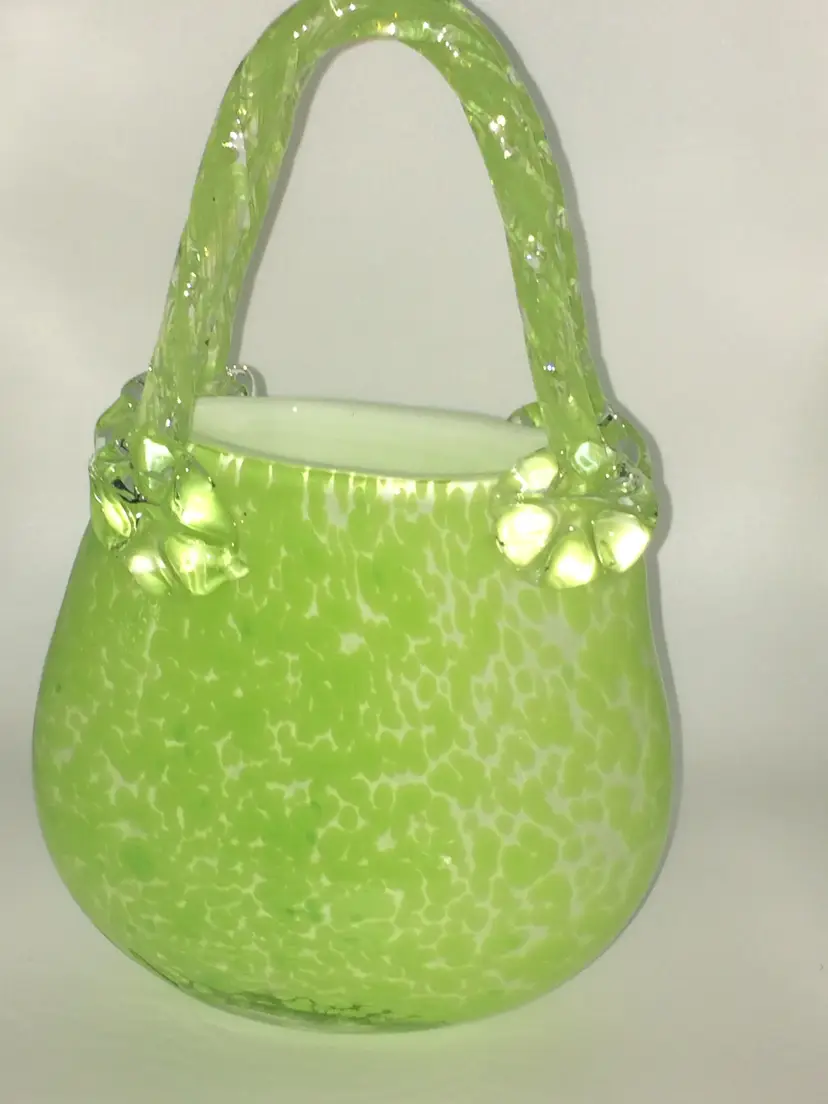 Art Glass Green and White Purse 9 1/2" tall 6" wide. Heavy enough to be a paperweight!