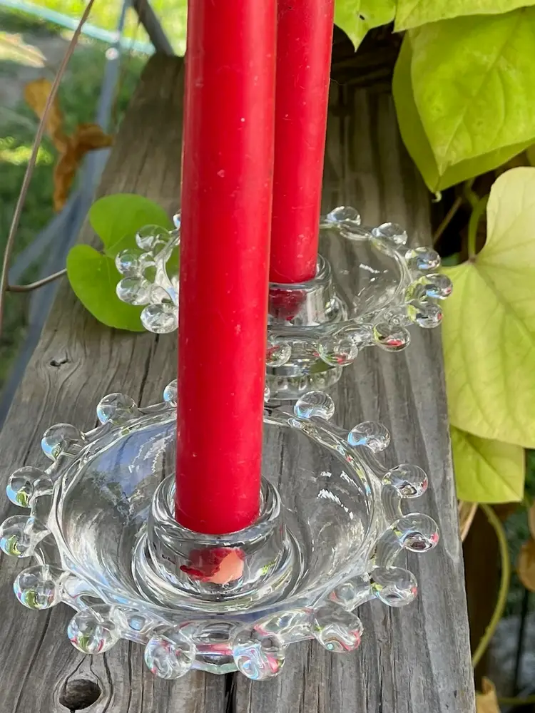 Clear Glass Vintage Candlewick Candlestick Holder Pair