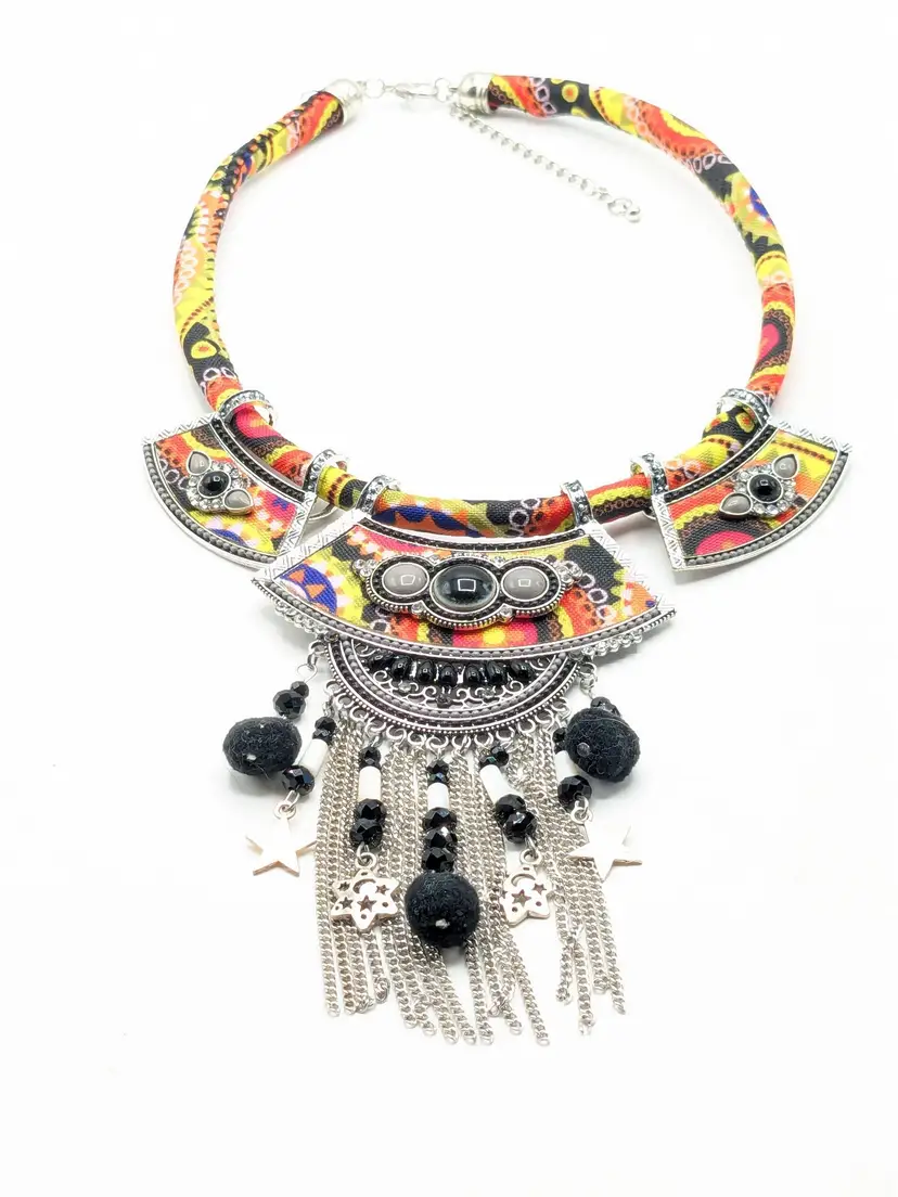 Boho Chic Colorful Statement Necklace with Tassels Silver Tone
