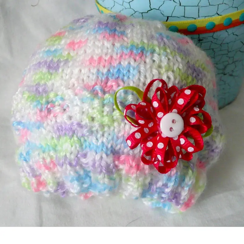 Hand Knit Pastel Colors Ribbon Flower Accent Preemie Newborn Hospital Hat Beanie 11.5"