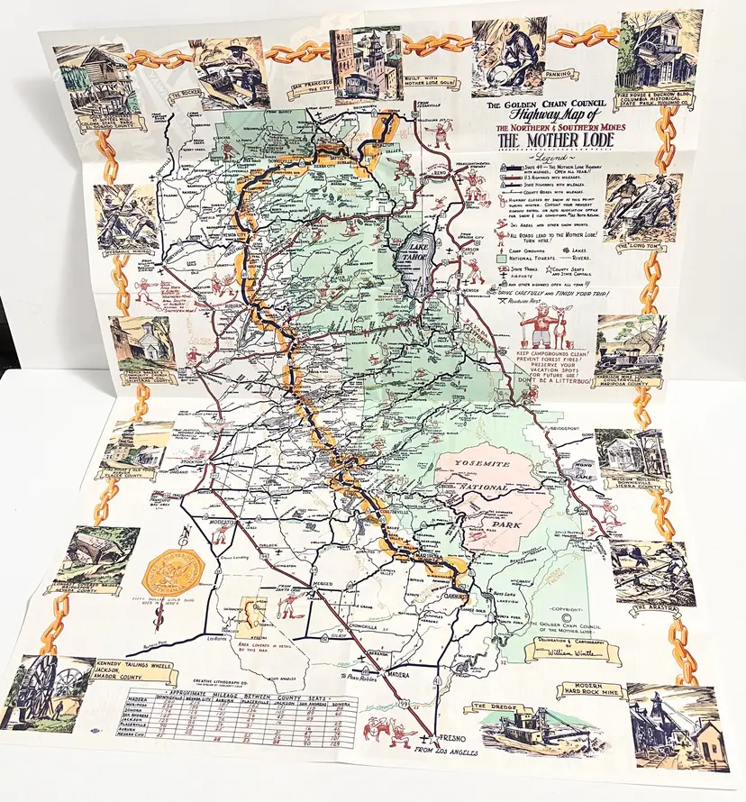 Vintage Map Mother Lode California Gold Mines State