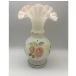 Fenton Ruffle Top Hand Painted Satin Glass Vase ~ Signed