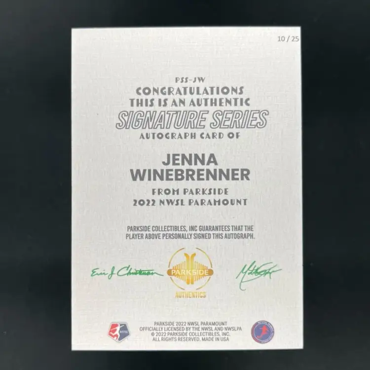 Jenna Winebrenner 2022 Parkside Paramount NWSL Autograph /25 Soccer Card