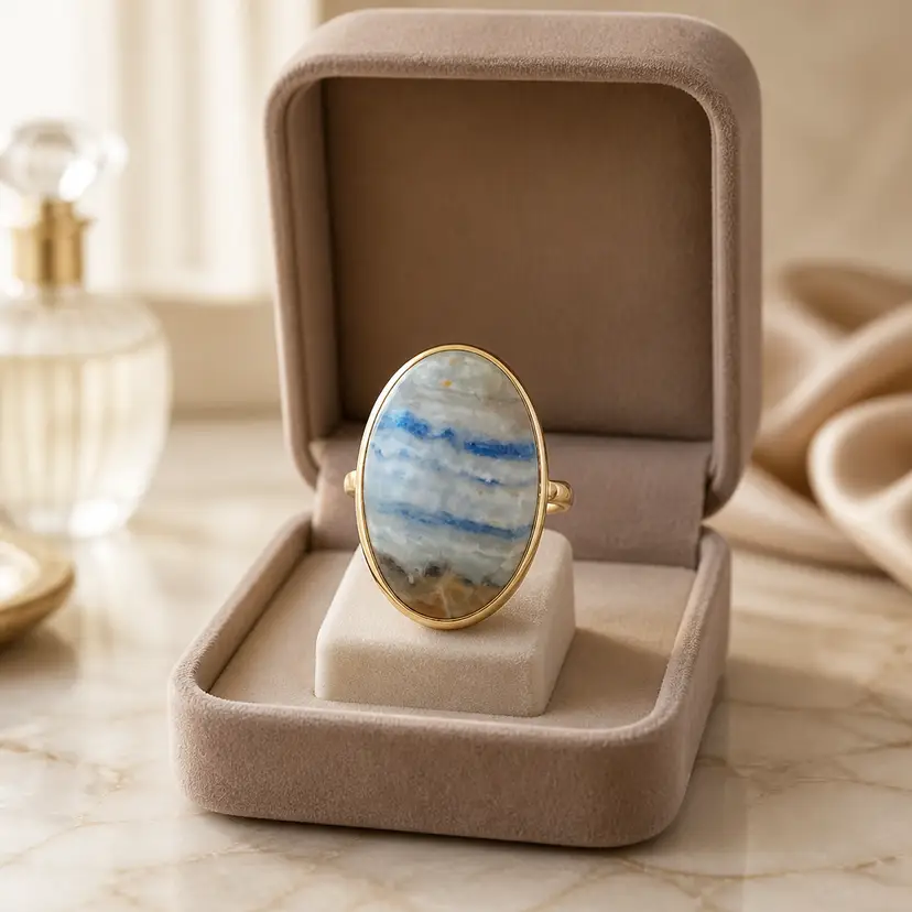 Sterling Silver Ring With Large Blue Scheelite Gemstone, Size 8.75"