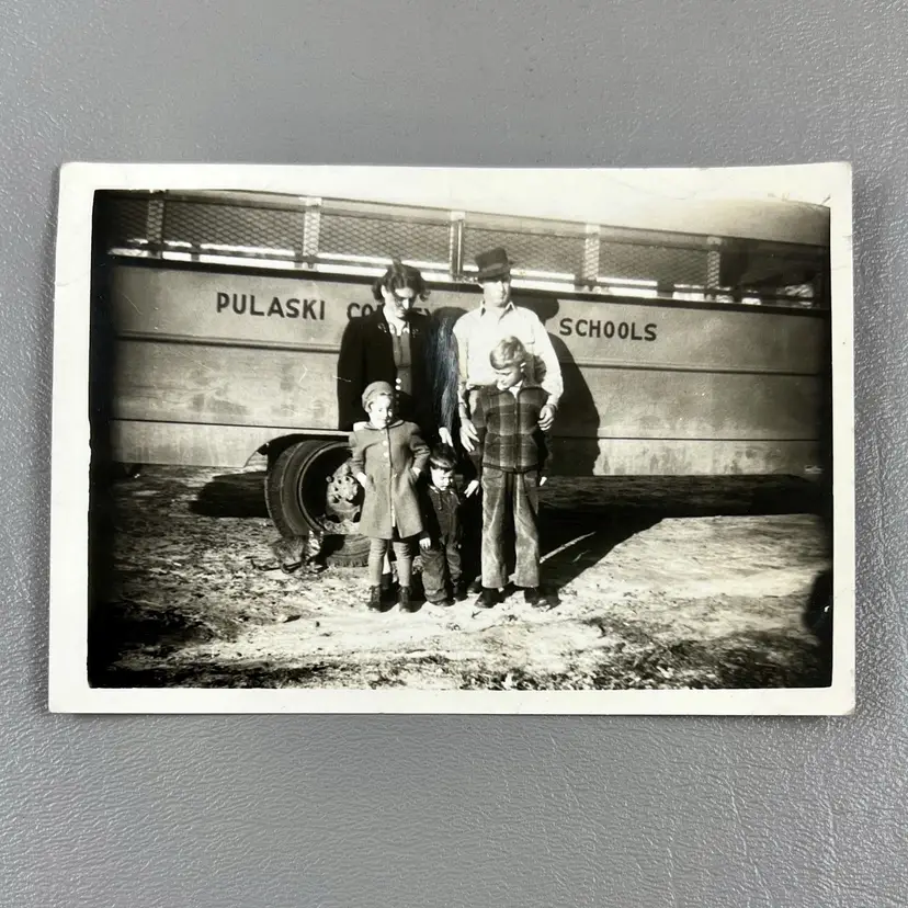 Vintage Photo Snapshot Family Posing By Pulaski County School Bus Identified 5"