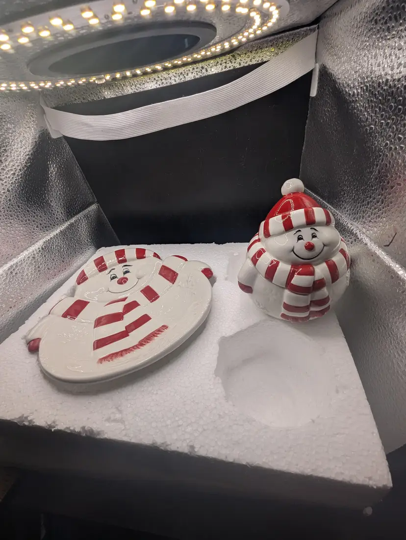 FITZ AND FLOYD SNOWMAN LIDDED JAR AND DISH HOLIDAY TREATS NEW