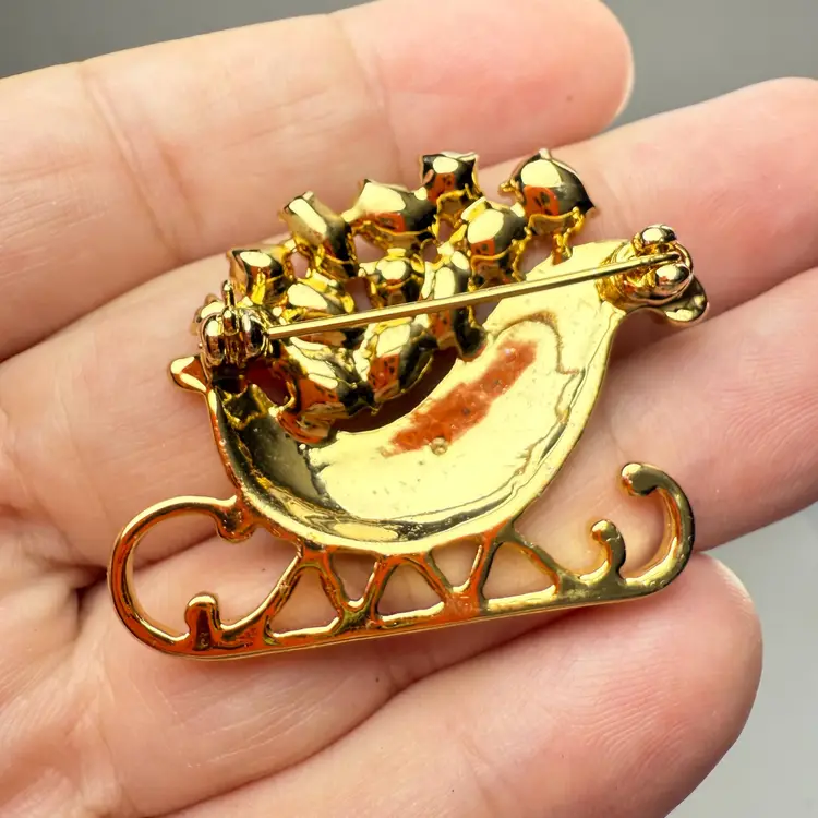 Vintage Christmas Sleigh Pin Brooch Jewel Filled Multi Color Gold Tone