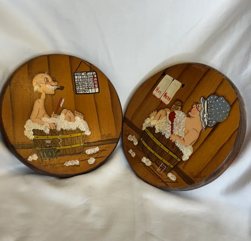 Pair Of Vintage Round Wooden Hand Painted Wall Art- Bathroom Decor-signed