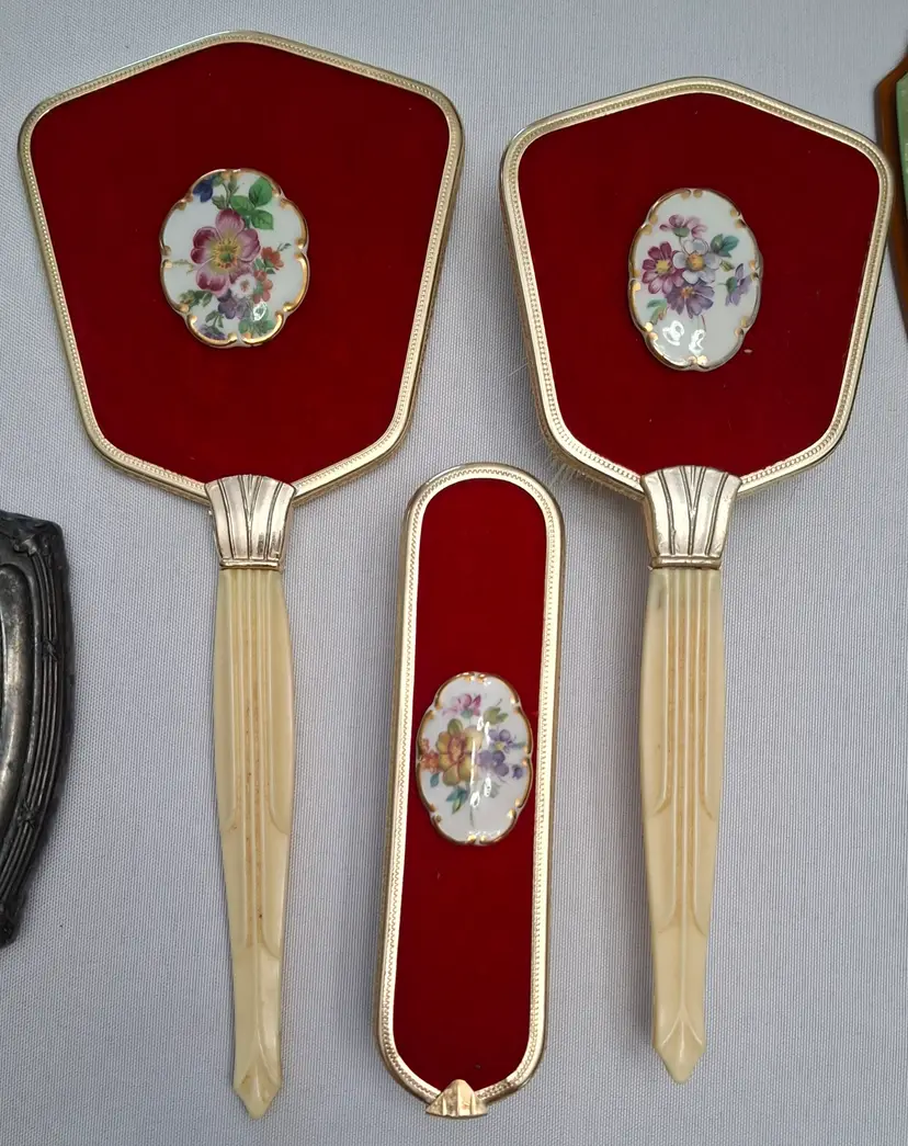 144 Vintage Vanity Set – Red Velvet & Porcelain Floral Mirror Brush Set – 3 Pc