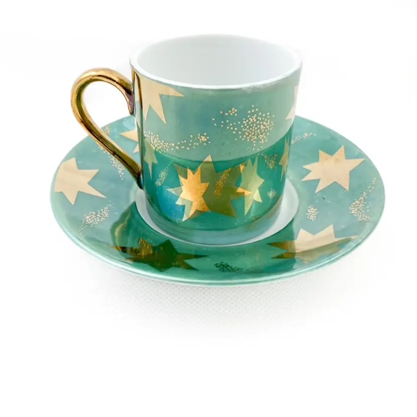 Vintage Demitasse Cup and Saucer Teal Glaze Copper Gold Celestial Stars
