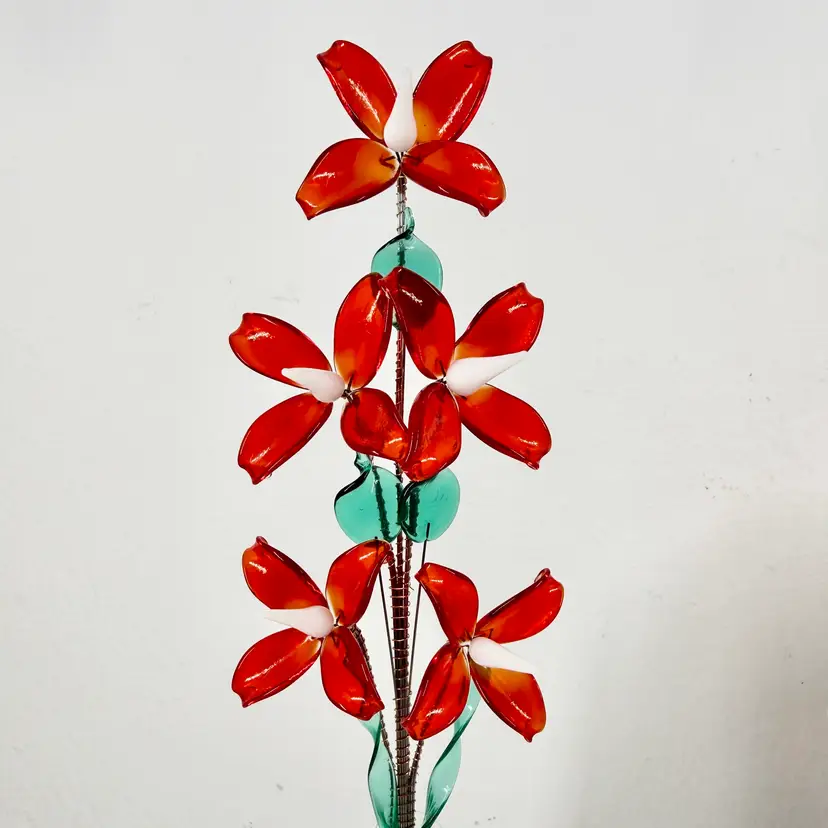 Czech Glass Floral Bouquet with Vase. Red, Green, Clear. Hand Crafted. NOS. 12” X 3”