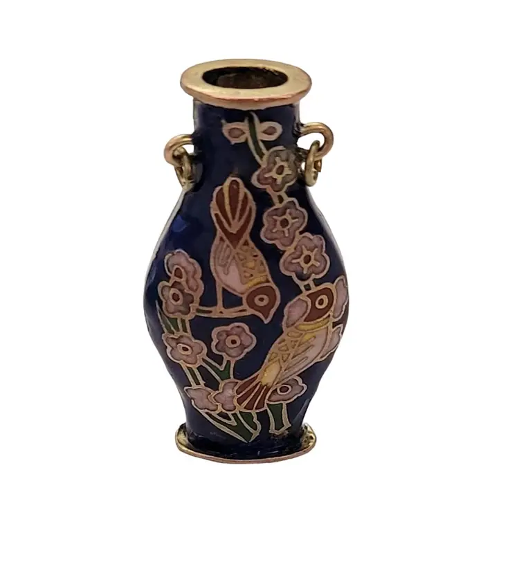 Vintage Blue Enamel Brass Vase, Birds Charm, Pendant E560