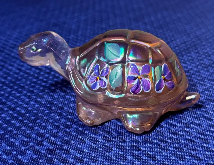 Fenton For Lenox Iridescent Pink Glass Turtle Hand Painted Violets S. Miller