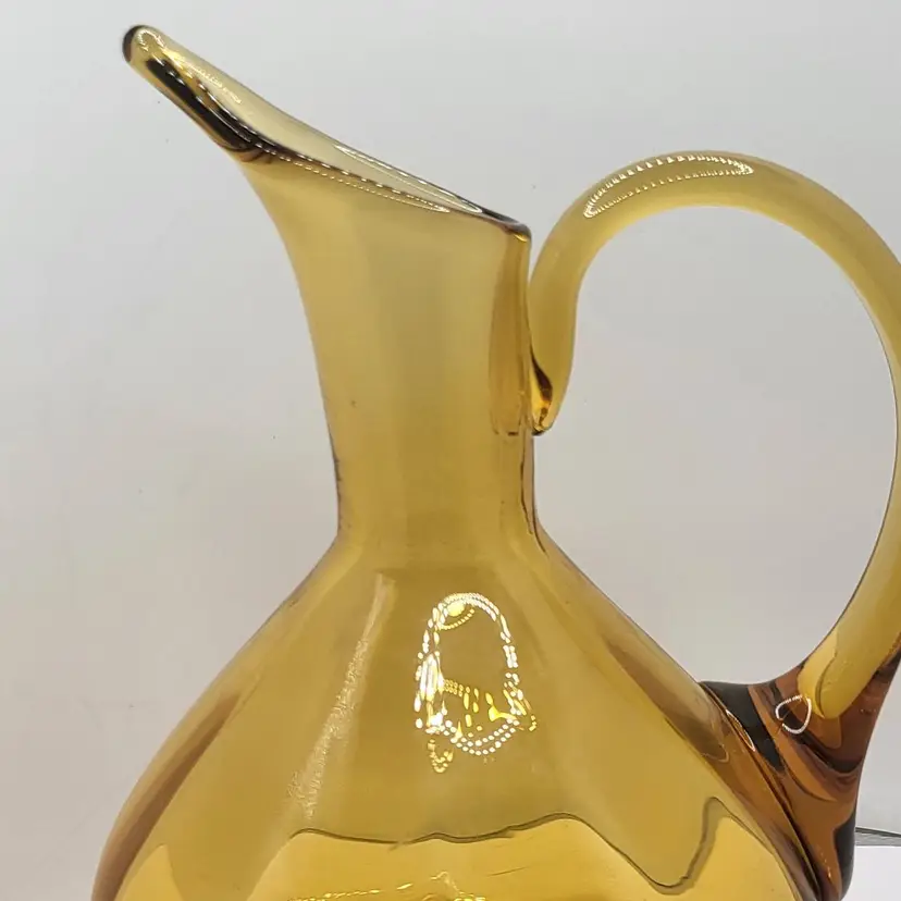 Vintage Blenko 991 Amber Yellow Glass Rainbow Optic Ribbed Pitcher 8"