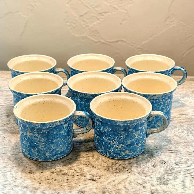 8 Vintage Homer Laughlin Blue Splatter Mugs 1978 HTF Marked USA Discontinued