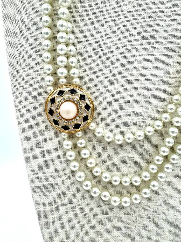 Vintage Triple Strand Glass Pearl Statement Necklace W/ Off Center Focal Bead
