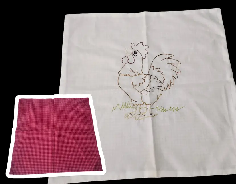Handmade Embroidered Rooster Pillow Cover Burgundy Checks Farmhouse 16 x 16 NEW