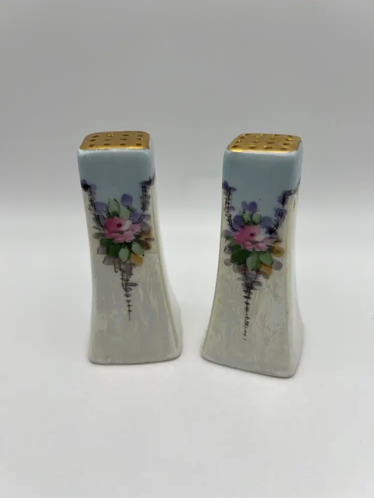 Antique Art Nouveau Salt & Pepper Hand Painted Gilded As-Is Elegant Floral Pearlescent Finish