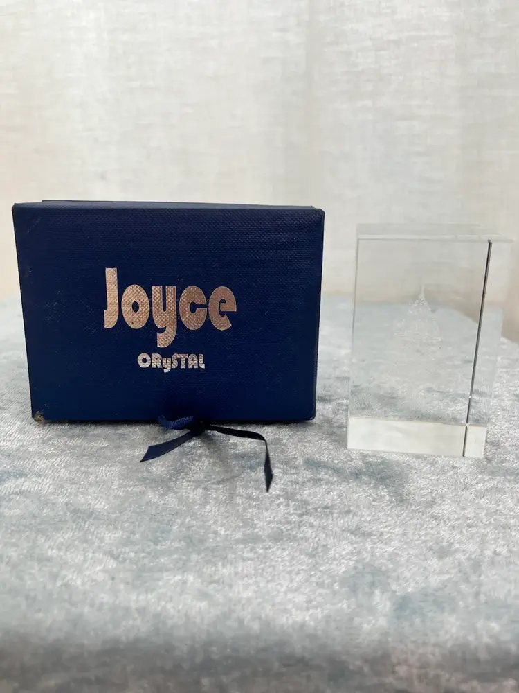 Vintage Joyce Crystal 3D laser-etched crystal cube paperweight featuring a Christmas tree design