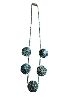 Vintage Antique Kashmiri Turquoise Mosaic Inlay Lavallière Necklace Unmarked