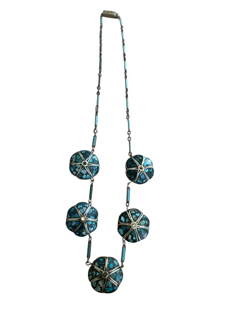 Vintage Antique Kashmiri Turquoise Mosaic Inlay Lavallière Necklace Unmarked