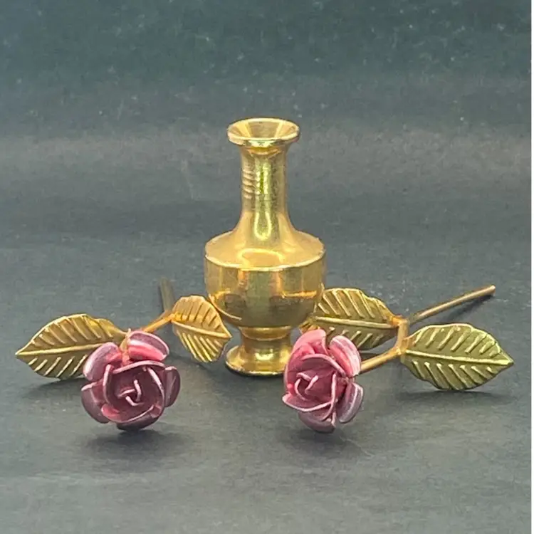 Miniature Metal Roses In Brass Vase, 2” Dollhouse Decor
