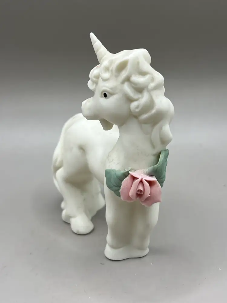 Bisque Ceramic Unicorn Figurine With Applied Flower 4”
