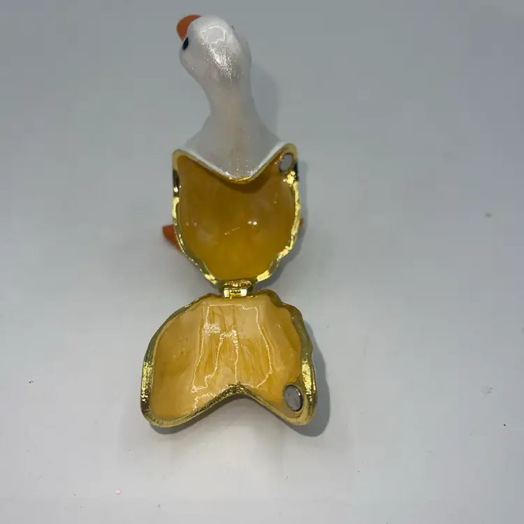 Jeweled Golden Duck Trinket Box Enamel Hinged Figurine Jewelry 2.5”