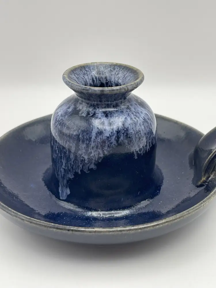 Handmade, Glazed Pottery, Candleholder with Handle Navy Blue/Lt. Blue Drip Glaze
