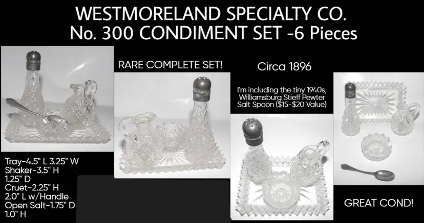 Westmoreland Specialty EAPG Antique 1896, No. 300 6 Pc Child's Condiment Set