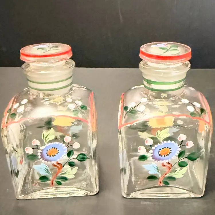 Set of 2 Hand Painted Floral  Glass Dresser Apothecary Vanity Jars Set
