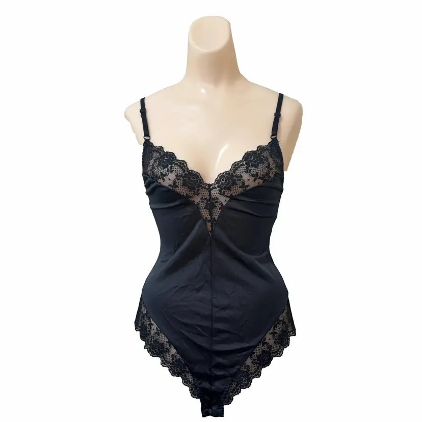 Black Satin Bodysuit Union Made USA Coquette Wimsiegoth 80s Size Small Vintage