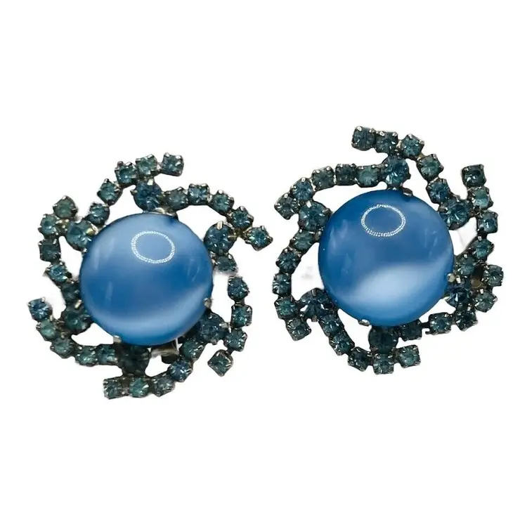 Mid Century 50s/60s Blue Cabochon w/ Rhinestone Swirl Clip On Earrings