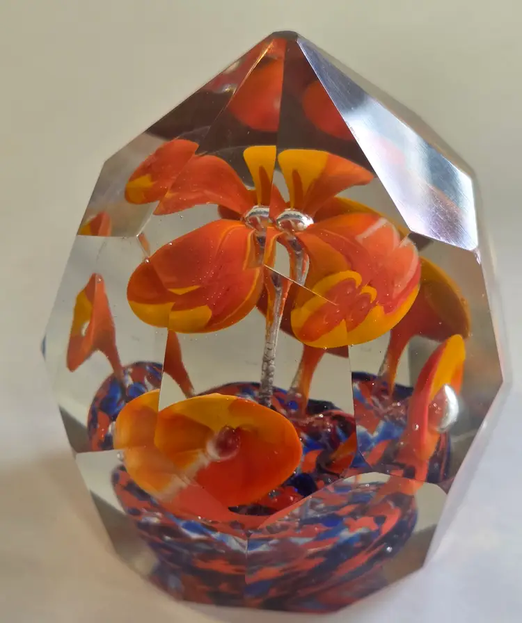 Faceted Art Glass Paperweight with Floral Design