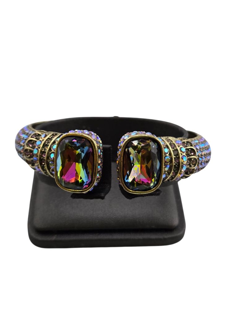 Signed Heidi Daus CN Watermelon Glass And Rhinestone Clamper Bangle Bracelet