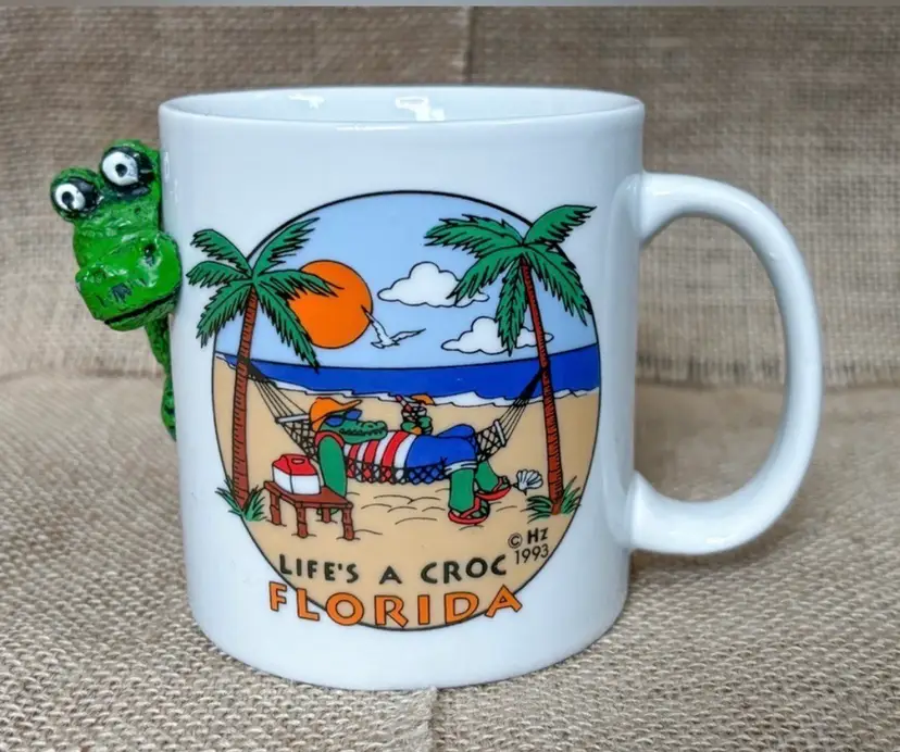 Vintage Florida Life’s A Croc Coffee Mug Cup 3D Crocodile Beach Coastal Funny