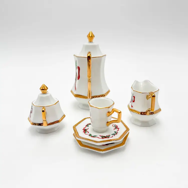 Christmas Mini Tea Set Porcelain Teapot Creamer Sugar Cup Saucer Gold Accent