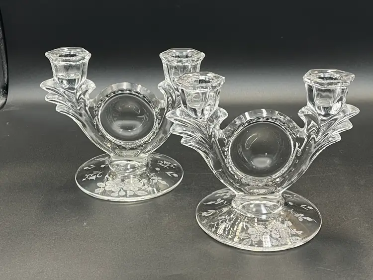 (2) Duncan Miller Clear Etched Double Candlestick Holders