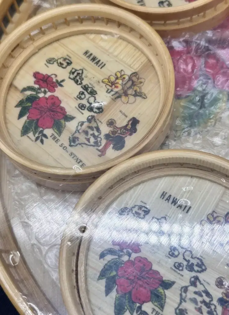 Vintage UNOPENED Bohemian Vintage Rattan Tray And 6 Coaster Set Hawaii tiki Bar