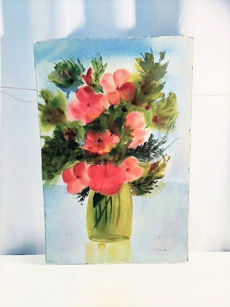 Original Hand Painted Watercolor Floral Painting Flowers in Canning Jar | Vintage Florals in Jar Watercolor Unfarmed Artwork Signed