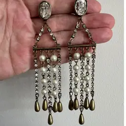 Vintage Brass Faux Pearl Dangle Cha Cha Clear Rhinestones Clip on Earrings #ofc-3