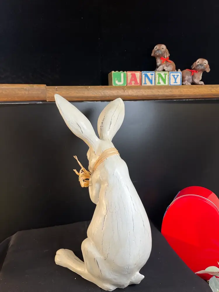 Distressed Painted White Rabbit w/ Raffia Bow-And......Very Long Footies...& Ears!!